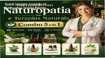 Estudante de terapias naturais estudando através de um tablet e materiais de fitoterapia e aromaterapia