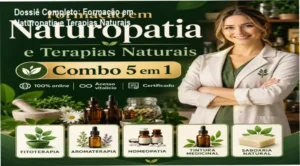 Estudante de terapias naturais estudando através de um tablet e materiais de fitoterapia e aromaterapia