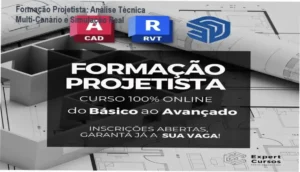 Tela do curso Formação Projetista mostrando interface do AutoCAD, Revit e SketchUp com projetos arquitetônicos reais