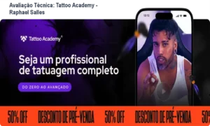 Página inicial do curso Tattoo Academy com destaque para menus de aprendizado e exclusividade da formação