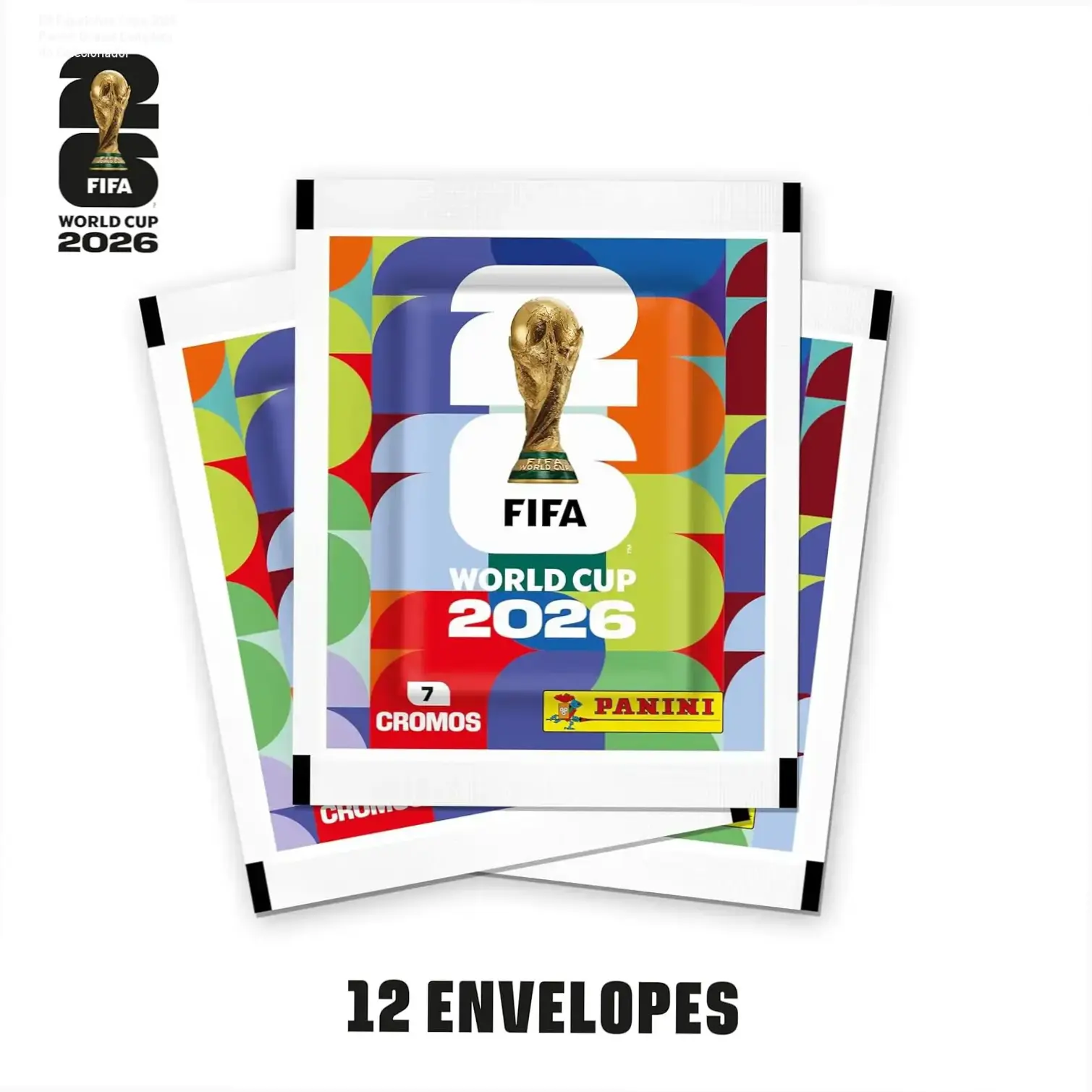 Kit com 12 envelopes de figurinhas e cartela oficial da Copa do Mundo FIFA 2026 da Panini