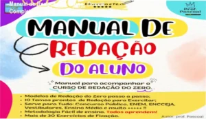 Estudante estudando o Manual de Redação do Aluno com foco em estrutura dissertativa para ENEM e concursos