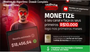 Interface do curso Mestres do Algoritmo mostrando estratégias de automação para canais dark no YouTube