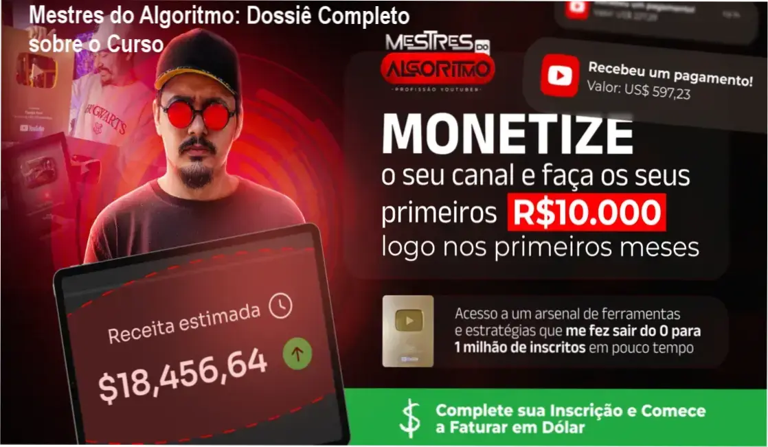 Interface do curso Mestres do Algoritmo mostrando estratégias de automação para canais dark no YouTube