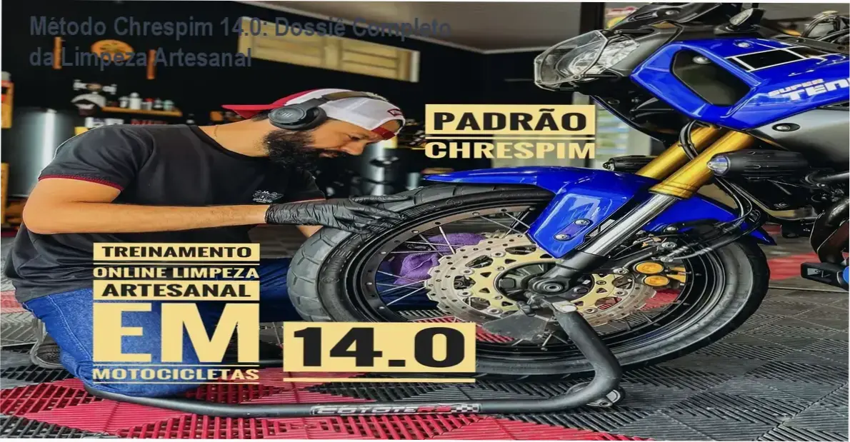 Profissional realizando o detalhamento estético de uma motocicleta utilizando técnicas de limpeza artesanal.