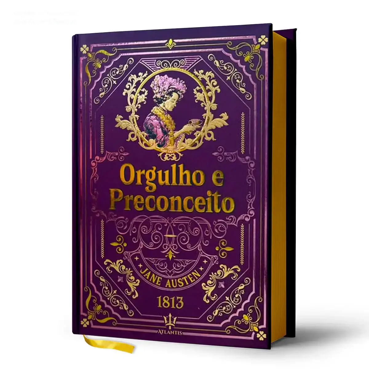 Capa luminosa da edição especial de Orgulho e Preconceito com acabamento em hot stamping
