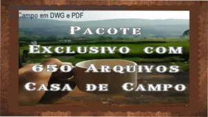 Apresentação do acervo digital com plantas de casas de campo, modelos arquitetônicos e arquivos DWG para referência profissional.