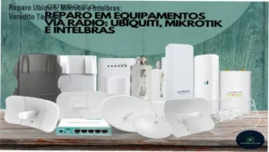 Técnico realizando diagnóstico de placa de rádio Ubiquiti com multímetro em bancada de reparos