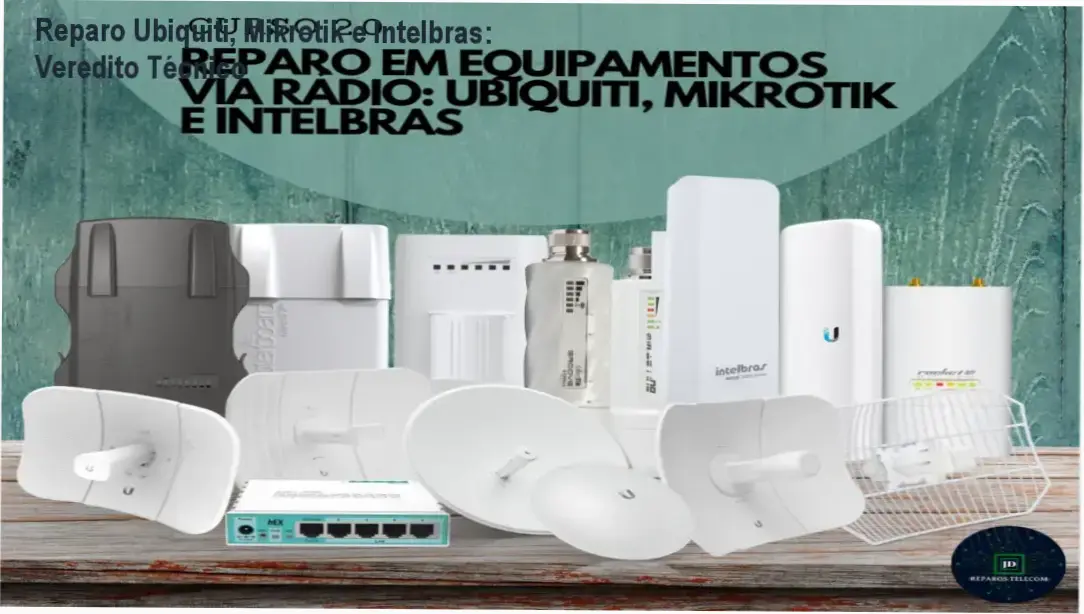 Técnico realizando diagnóstico de placa de rádio Ubiquiti com multímetro em bancada de reparos