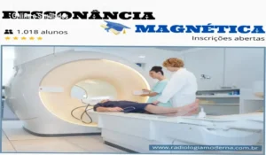 Interface do curso de Ressonância Magnética Online detalhando protocolos de posicionamento técnico