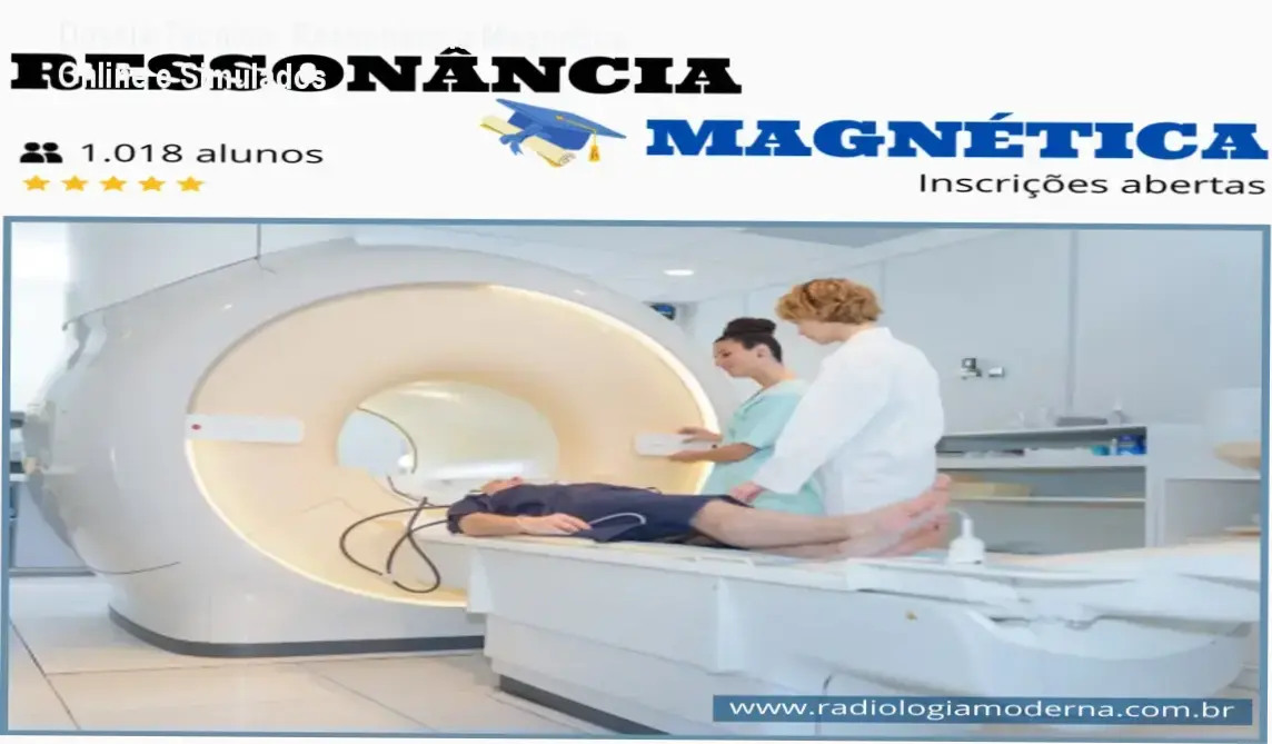 Interface do curso de Ressonância Magnética Online detalhando protocolos de posicionamento técnico