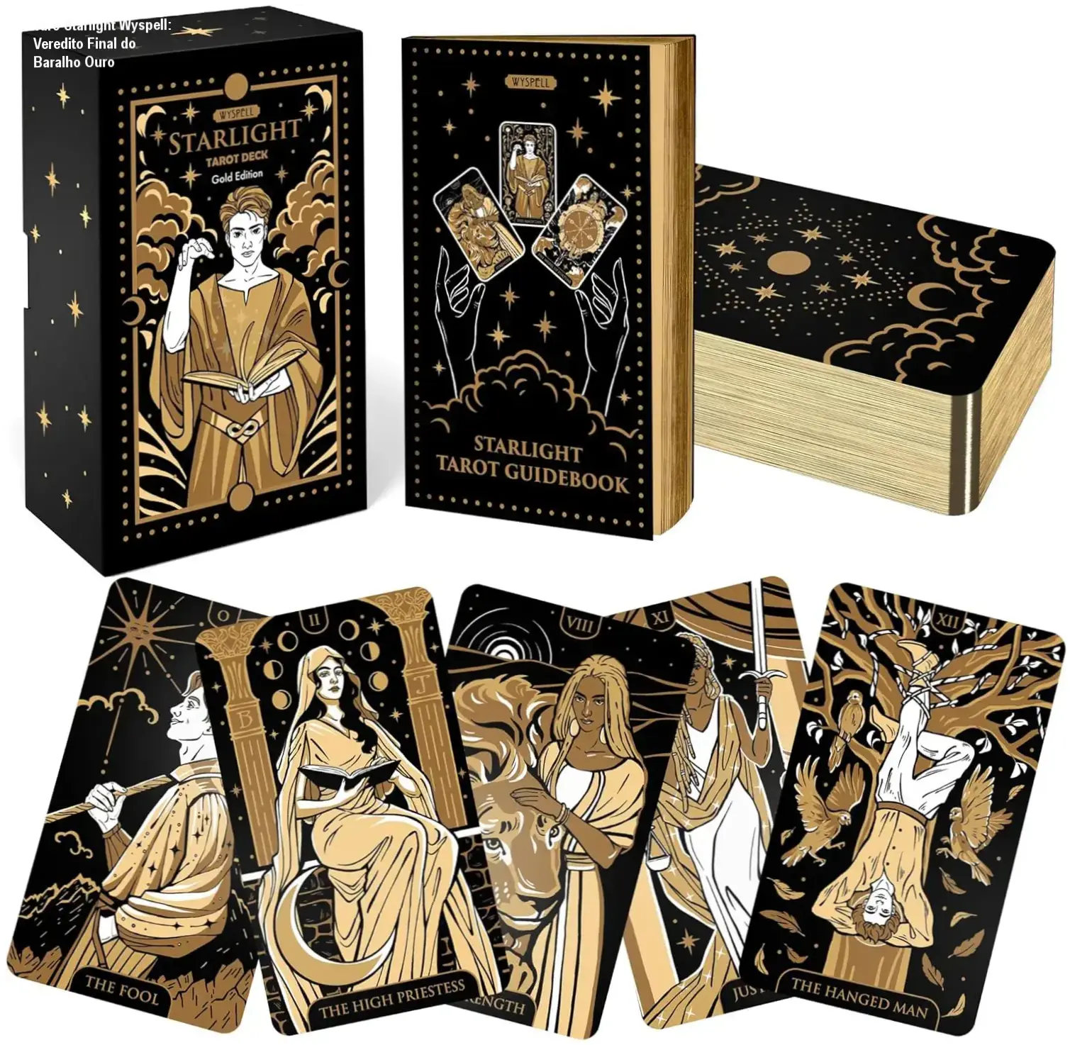 Baralho de Tarô Starlight da Wyspell com acabamento em ouro e livro guia para iniciantes