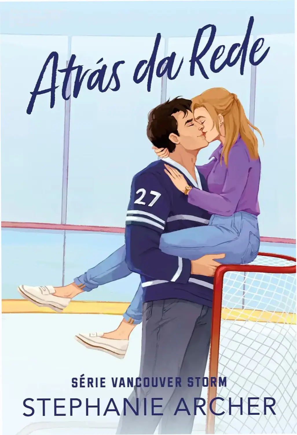 Capa do livro Atrás da rede de Stephanie Archer com temática de romance e hóquei