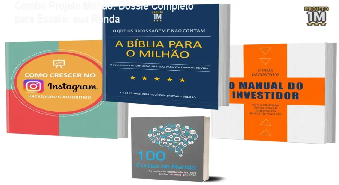 Mockup dos e-books do Combo Projeto Milhão focados em finanças e crescimento no Instagram