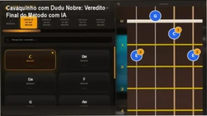 Interface do curso Cavaquinho com Dudu Nobre destacando o sistema de reconhecimento de áudio por IA