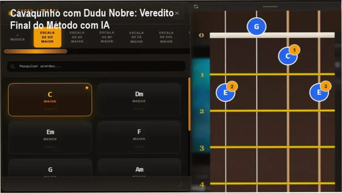Interface do curso Cavaquinho com Dudu Nobre destacando o sistema de reconhecimento de áudio por IA
