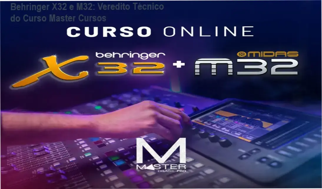 Operador de áudio configurando mesa digital Behringer X32 em ambiente profissional