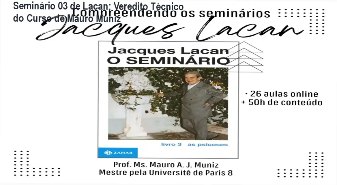 Infográfico detalhando a estrutura do curso sobre o Seminário 03 de Jacques Lacan