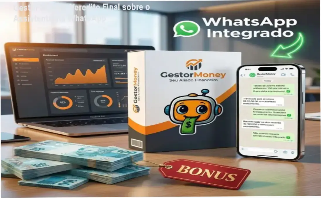 Interface do Gestor Money demonstrando o controle financeiro integrado ao WhatsApp