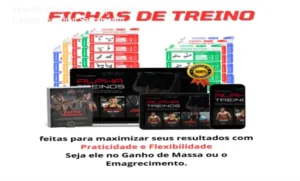 Interface do Guia Completo de Treinos exibindo demonstrações visuais em GIF e vídeo para exercícios fitness