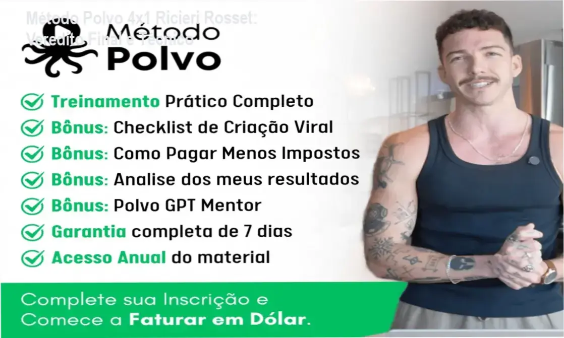 Interface do Método Polvo 4x1 de Ricieri Rosset para gerar renda em dólar usando celular