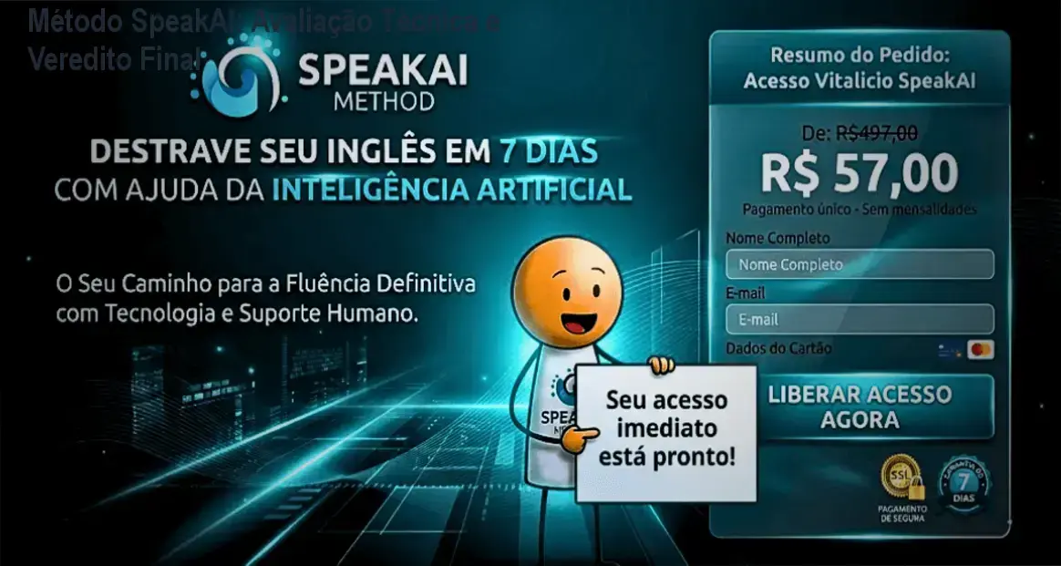 Interface do curso Método SpeakAI focada em conversação prática e pronúncia simplificada