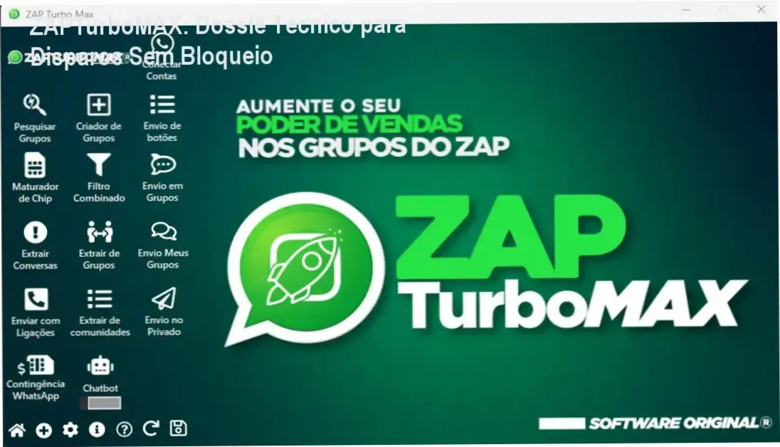 Interface do software ZAPTurboMAX demonstrando automação de mensagens e integração com IA para vendas