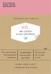 Livro Vó, me conta a sua história? aberto, simbolizando a preservação de memórias familiares.